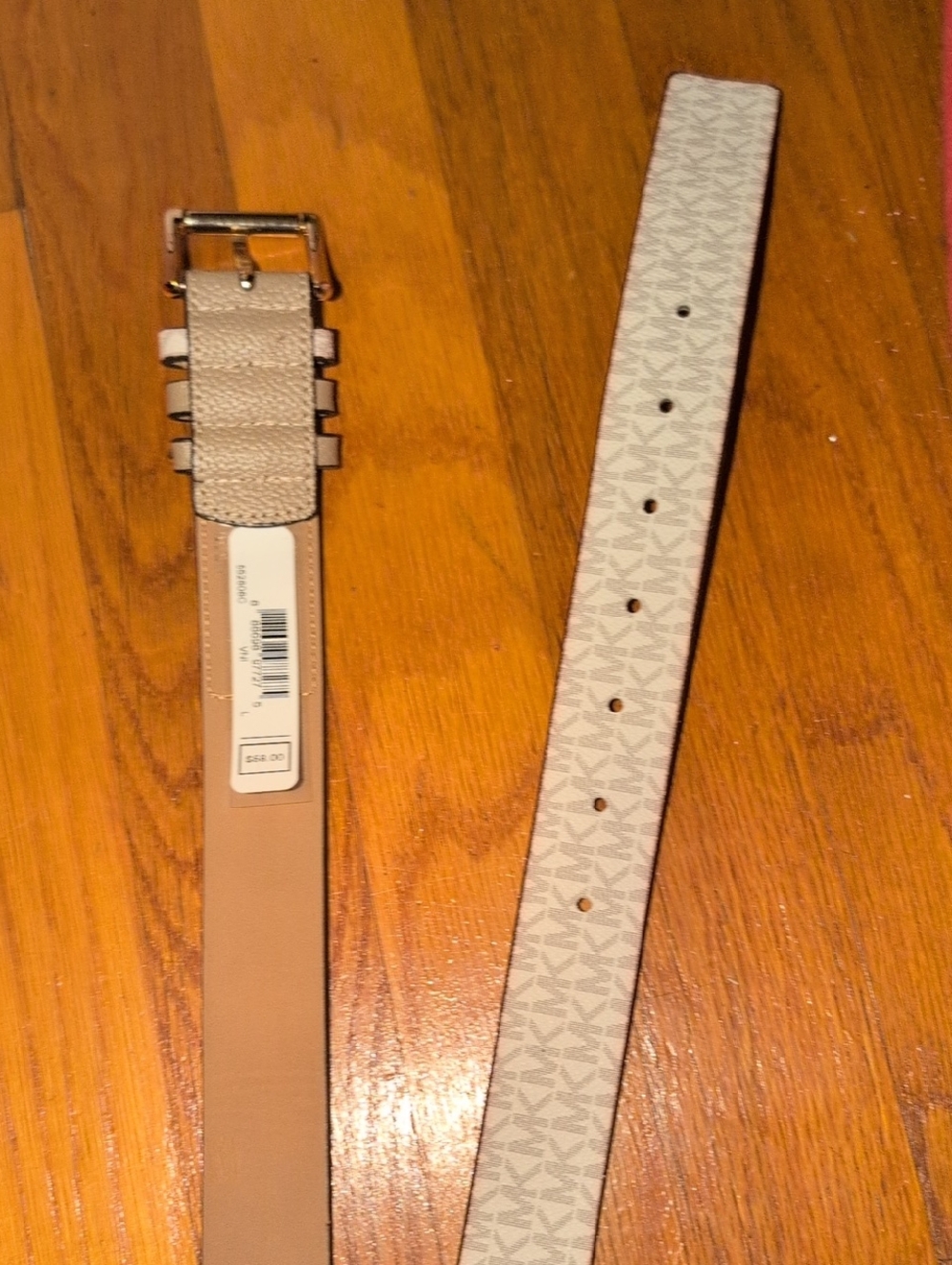 Michael Kors Beige Logo Print Leather Belt with Gold Buckle